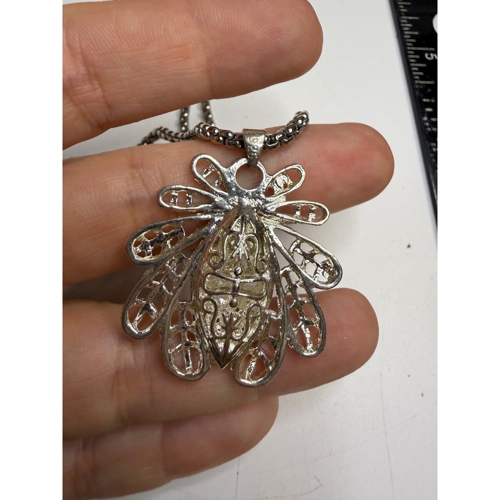 Silver Tone Filigree Insect Beetle Pendant Necklace Ornate Popcorn Chain 18 In